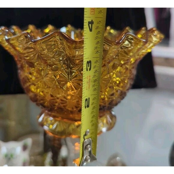 L.E.‎ SMITH Daisy & Button Pattern Amber Orange Ruffled Glass Bowl Candy Dish - Picture 7 of 7